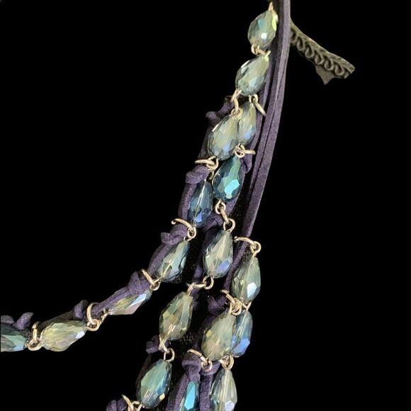 Sparkly blue glass multi strand necklace on satin rope/ silver - Picture 4 of 5